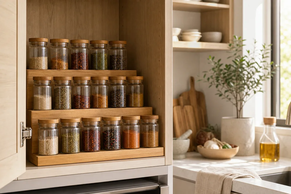 small apartment spice storage ideas cabinet tiered spice risers