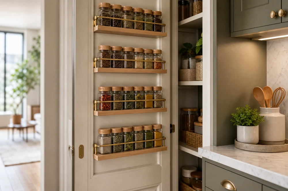 small apartment spice storage ideas pantry door spice rails