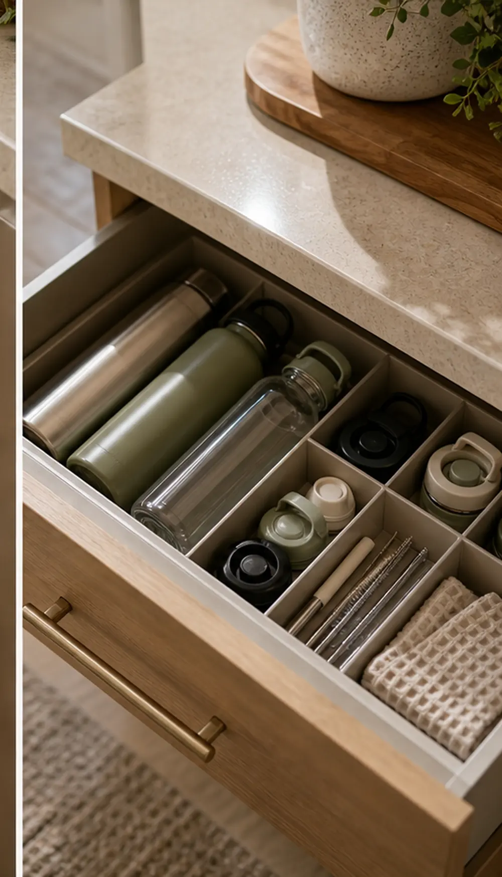 small apartment water bottle storage drawer bottle cap compartments