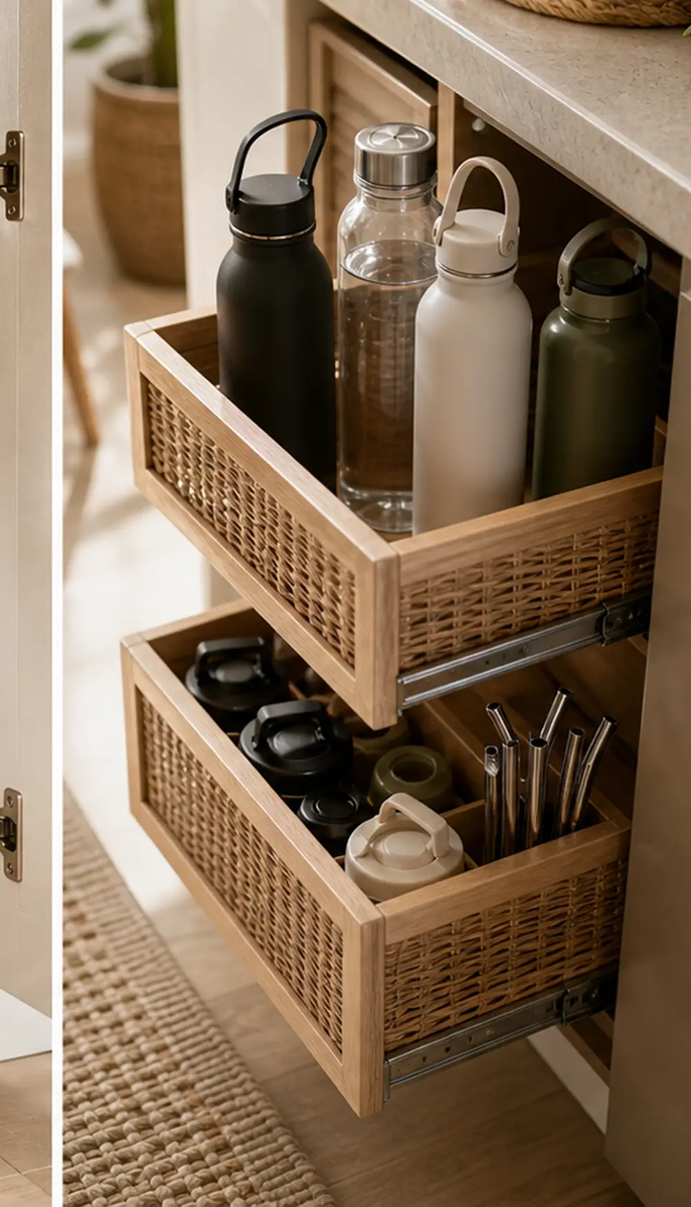 small apartment water bottle storage pull out bottle and lid basket