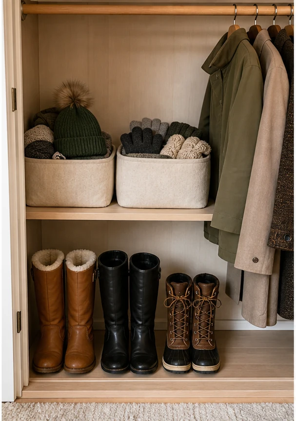 small apartment winter gear storage ideas closet scarf boot zone