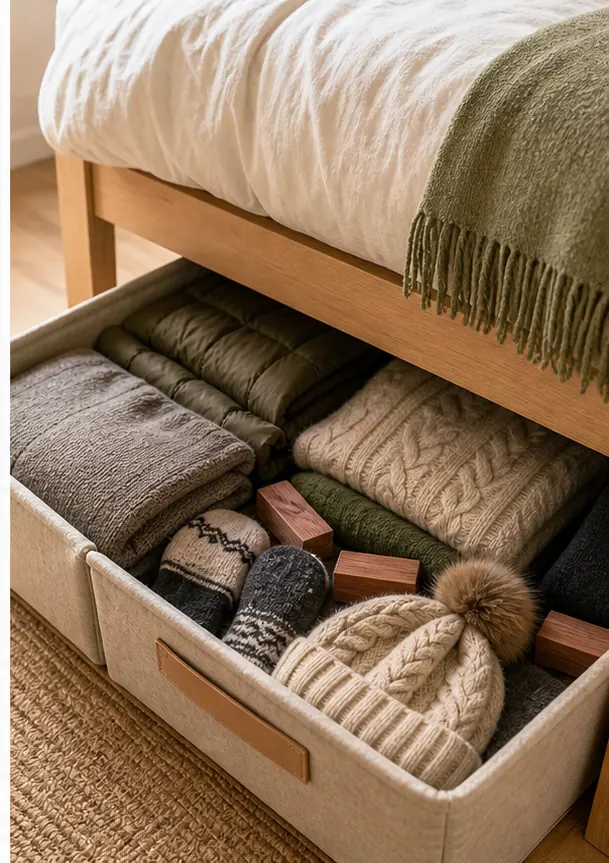 small apartment winter gear storage ideas seasonal sweater bin