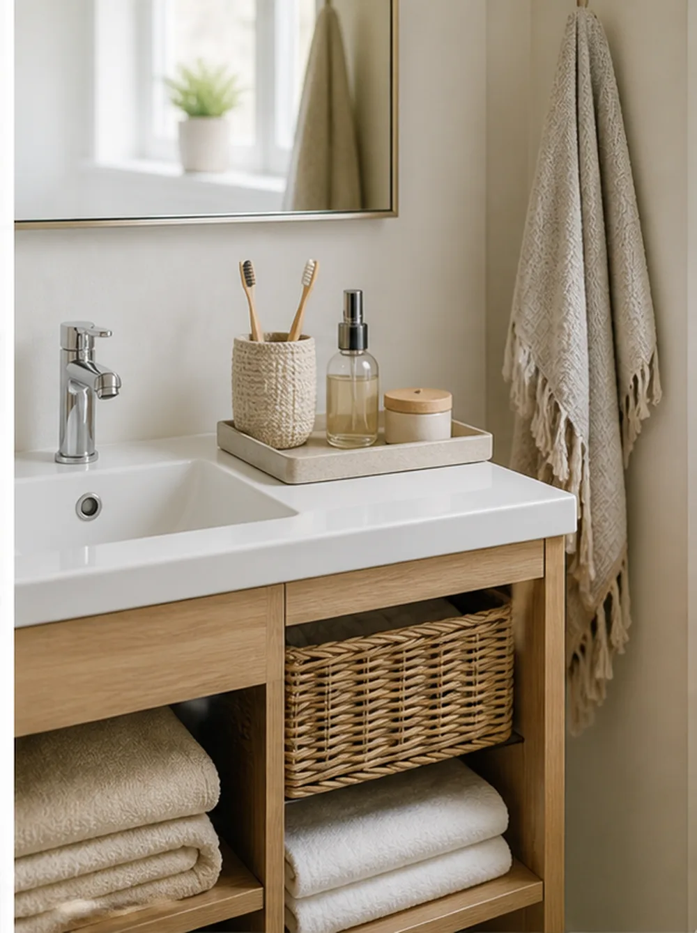 small bathroom counter organization ideas towel and skincare zone