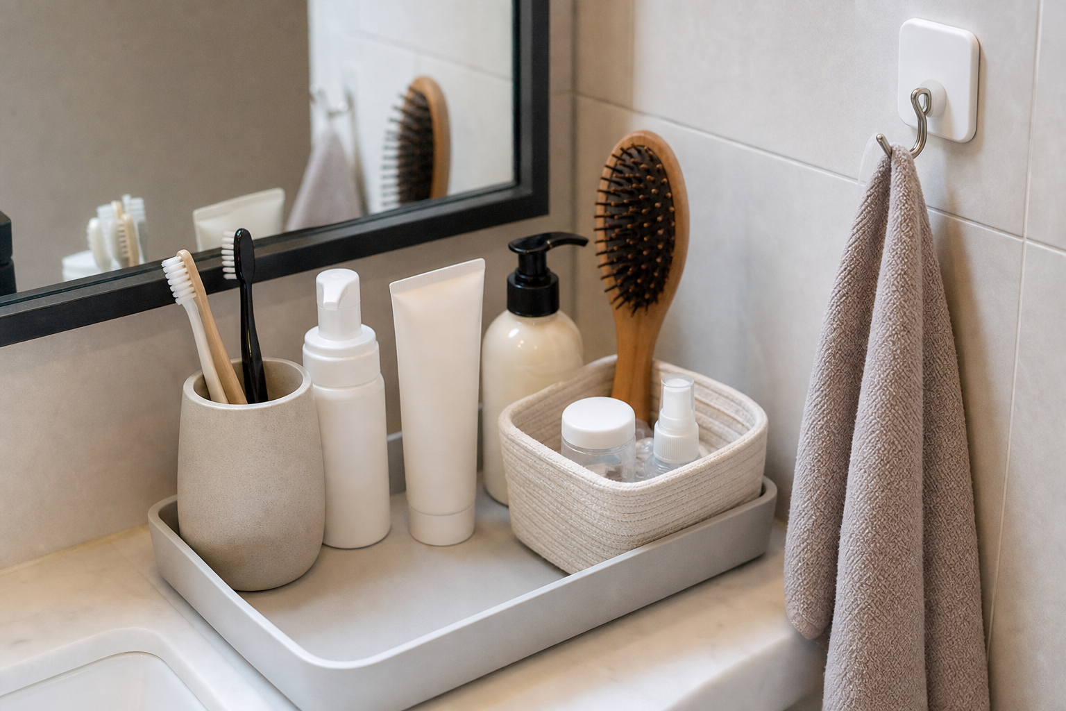 Small bathroom organization without drawers using a counter tray, basket, removable hook, and visible daily products