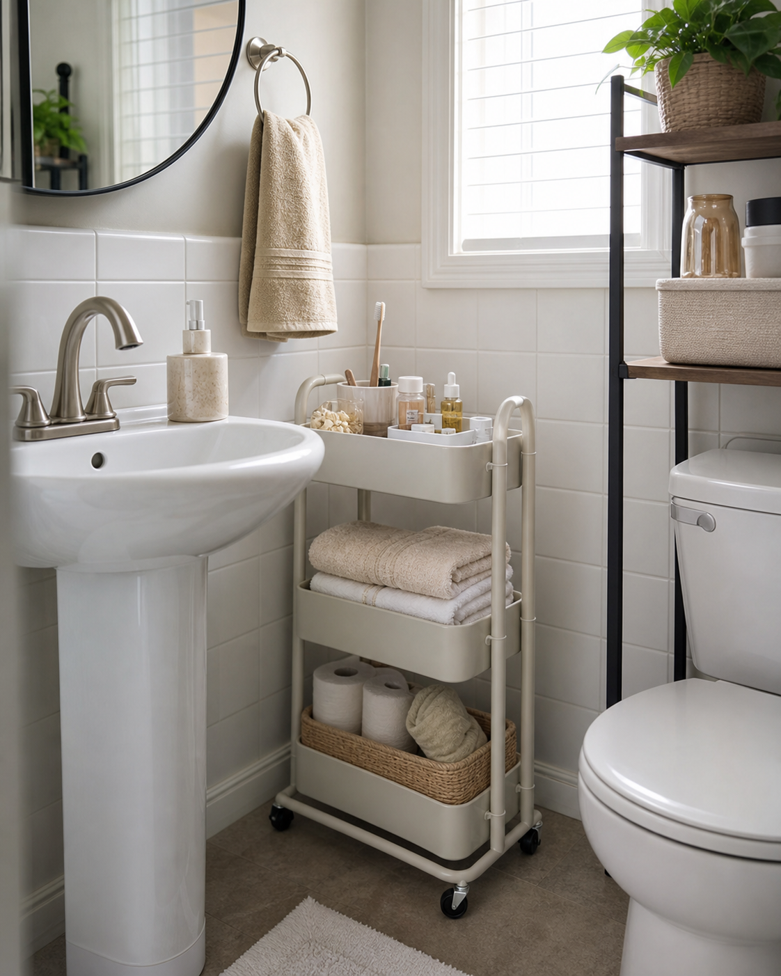 Small bathroom organization without drawers with a slim rolling cart, open towels, and daily toiletries beside a pedestal sink