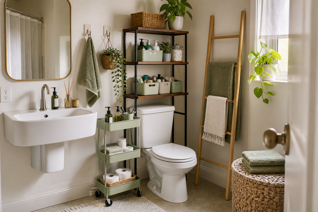 Small bathroom organization without drawers using a rolling cart, over-toilet shelf, trays, and renter-safe storage baskets
