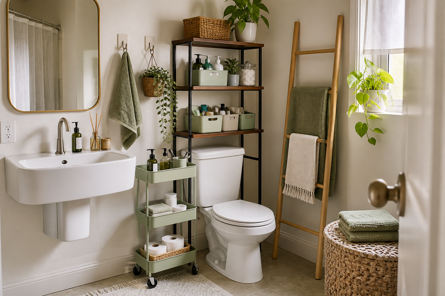 Small bathroom organization without drawers using a rolling cart, over-toilet shelf, trays, and renter-safe storage baskets