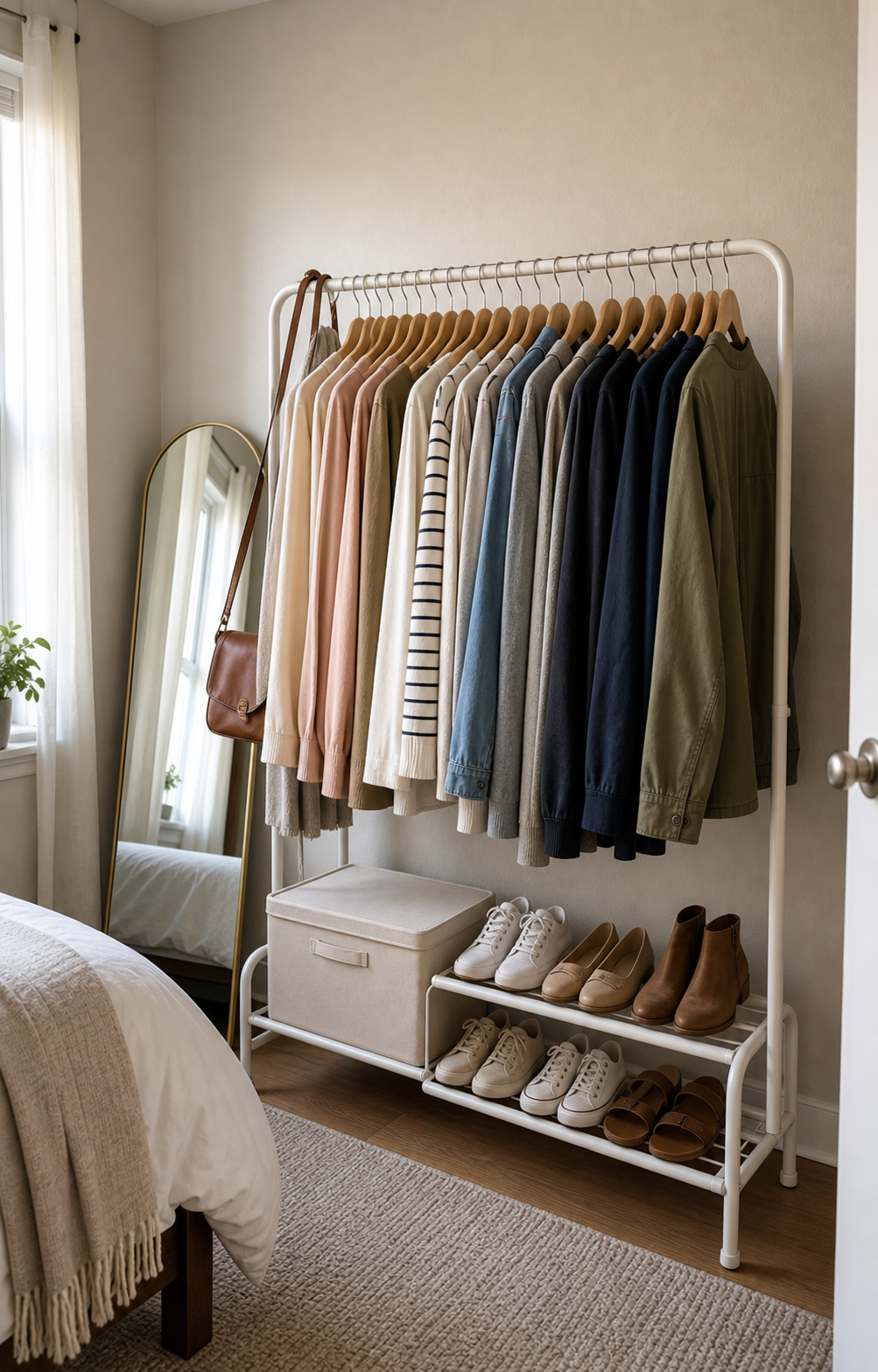 Small bedroom storage without a closet using a freestanding garment rack with shoes and a closed storage bin