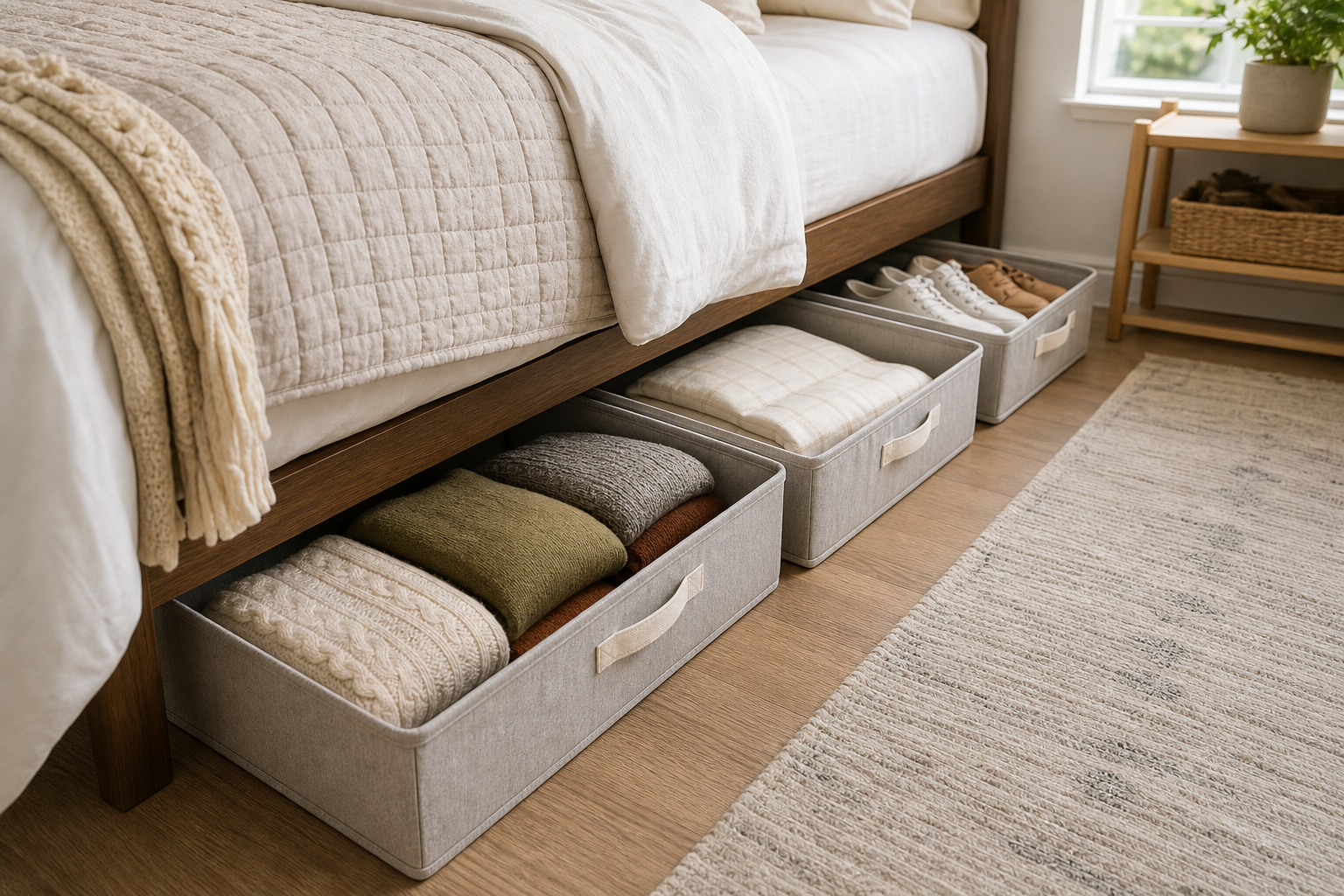 Small bedroom storage without a closet with under-bed bins for off-season clothes, linens, and shoes
