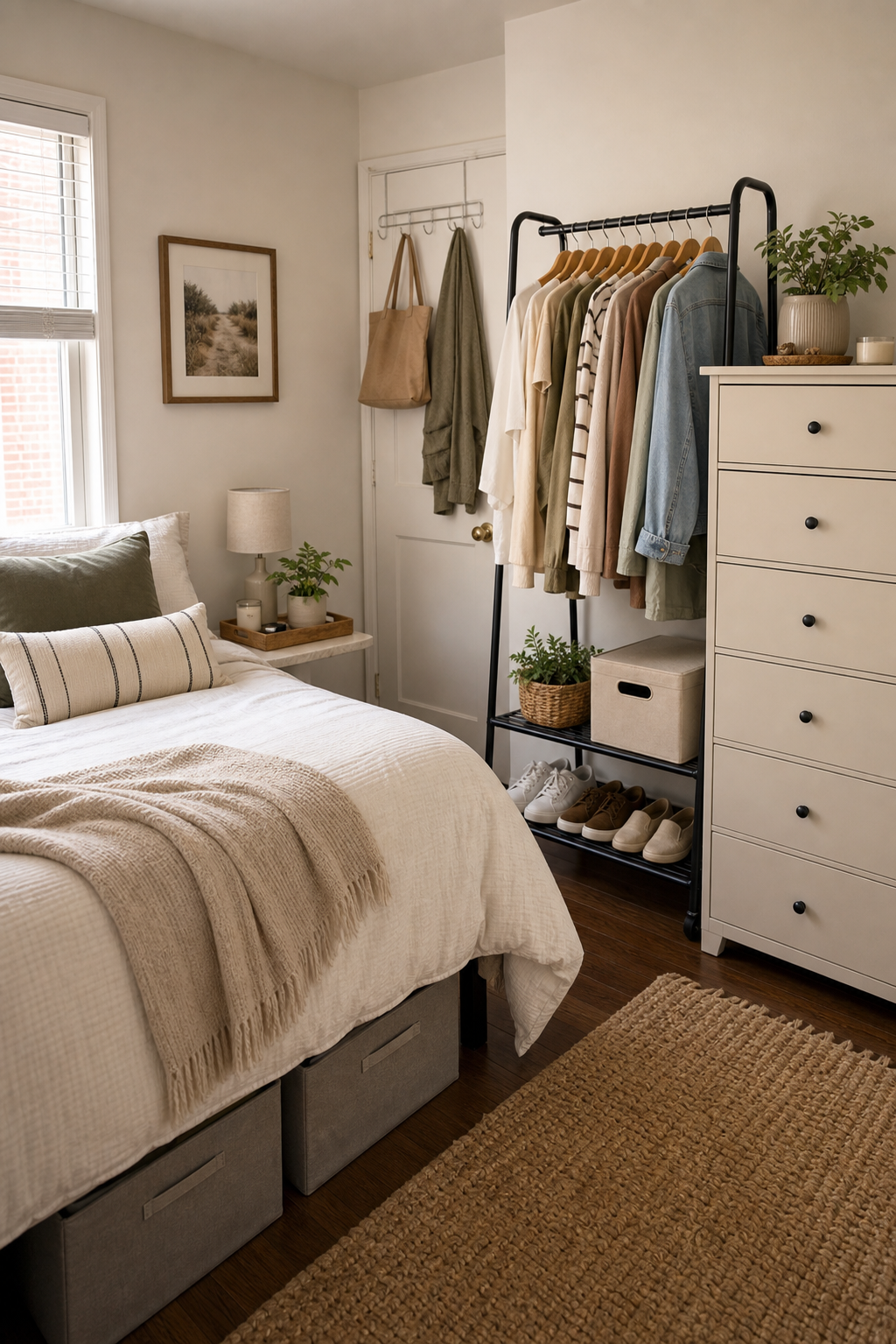 Small bedroom storage without a closet