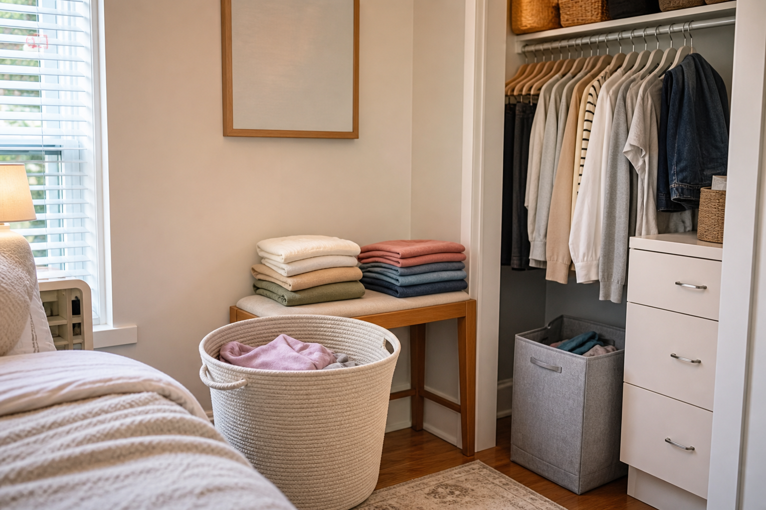 Small closet organization for lots of clothes with a laundry reentry basket, folded clothes, and ready hangers