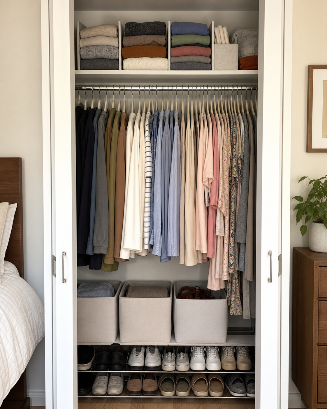 Small closet organization for lots of clothes with slim hangers, shelf dividers, bins, and shoe storage in a narrow closet