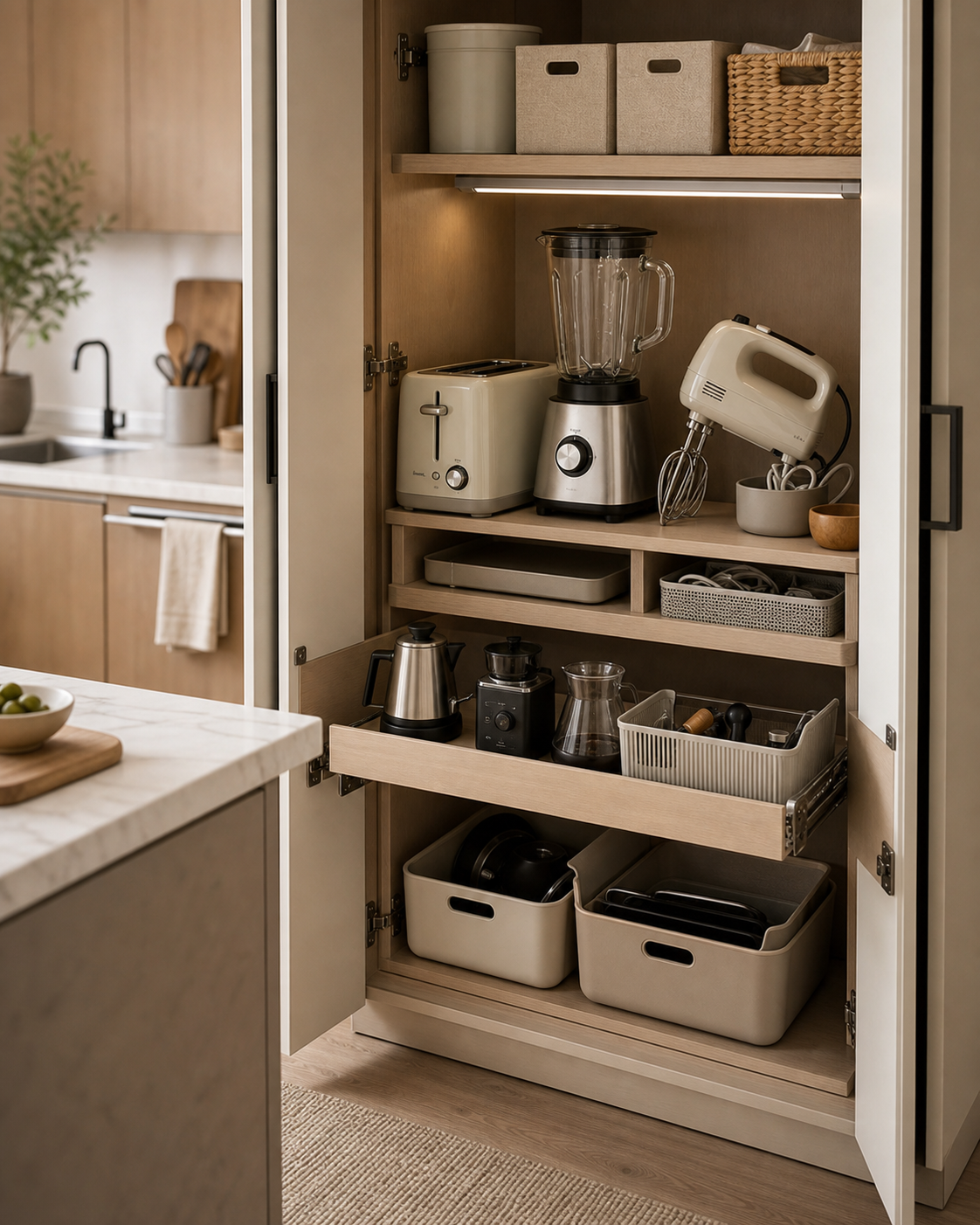 Small kitchen appliance storage ideas with a compact cabinet appliance garage and shelf riser