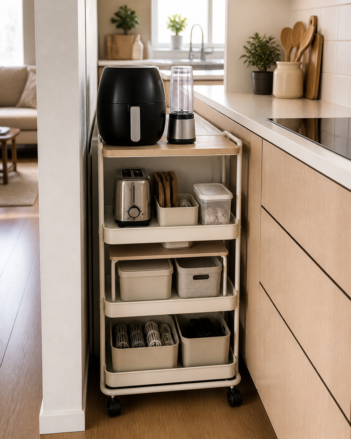 Small kitchen appliance storage ideas using a narrow rolling cart in an apartment kitchen