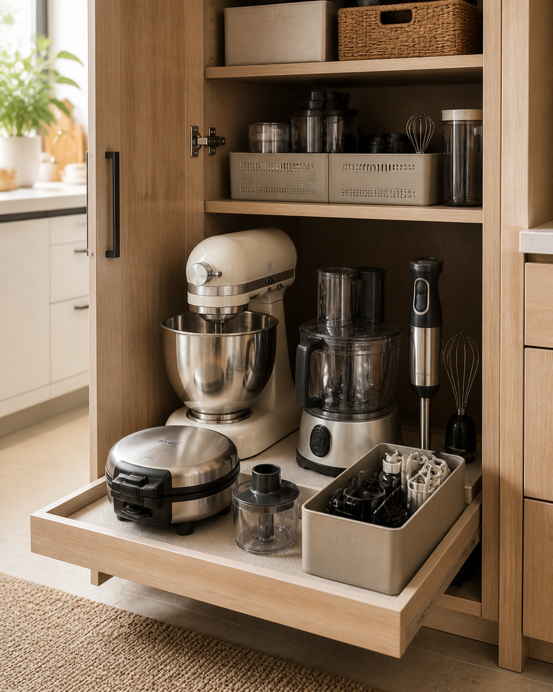 Small kitchen appliance storage ideas with a deep pull out pantry shelf for heavy appliances