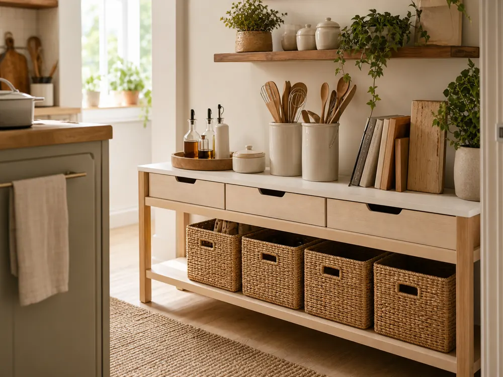 small kitchen decor storage ideas console shelf hidden storage