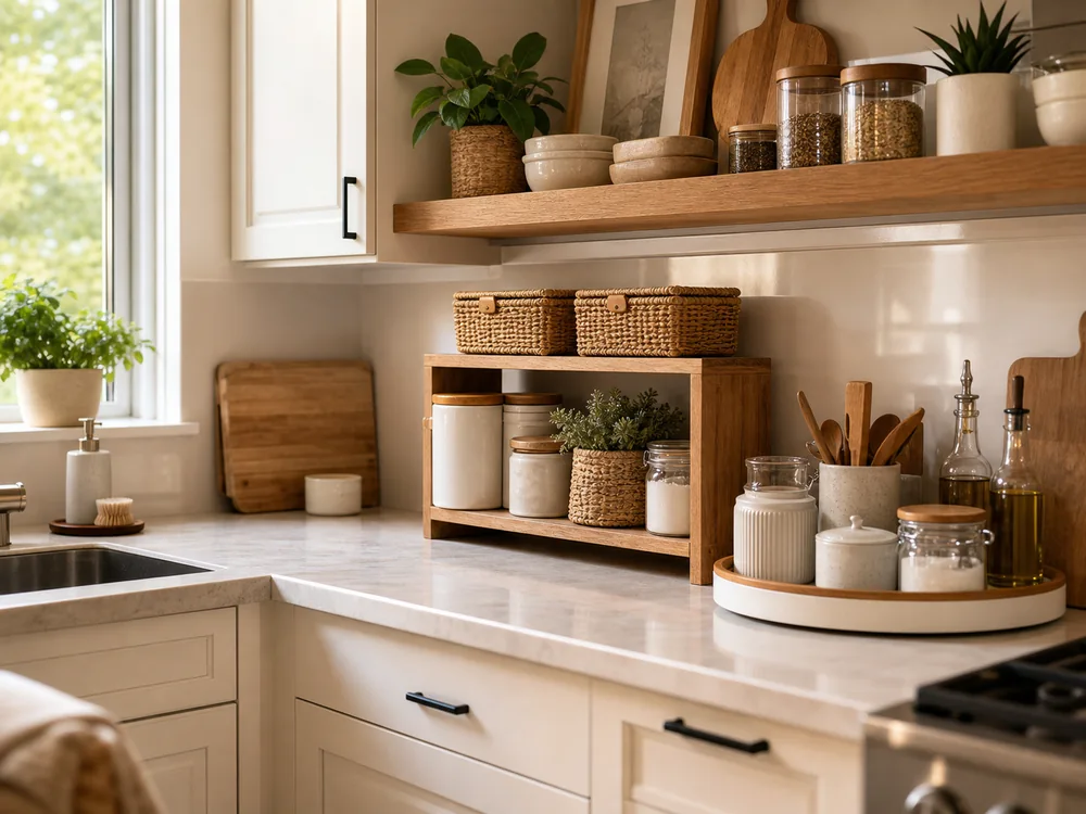 small kitchen decor storage ideas warm shelf basket decor