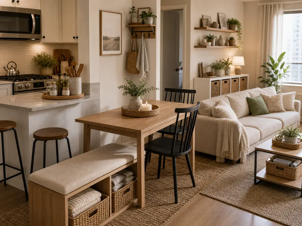 small kitchen living area organization ideas dining bench zone