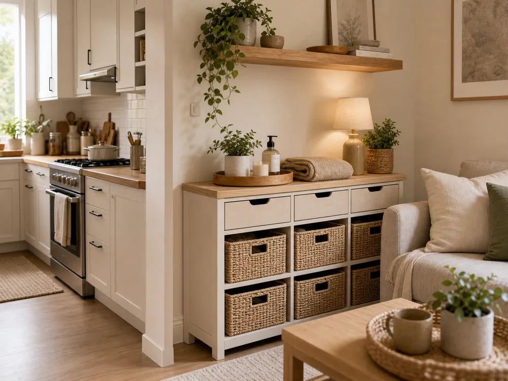small kitchen living area organization ideas transition cabinet baskets