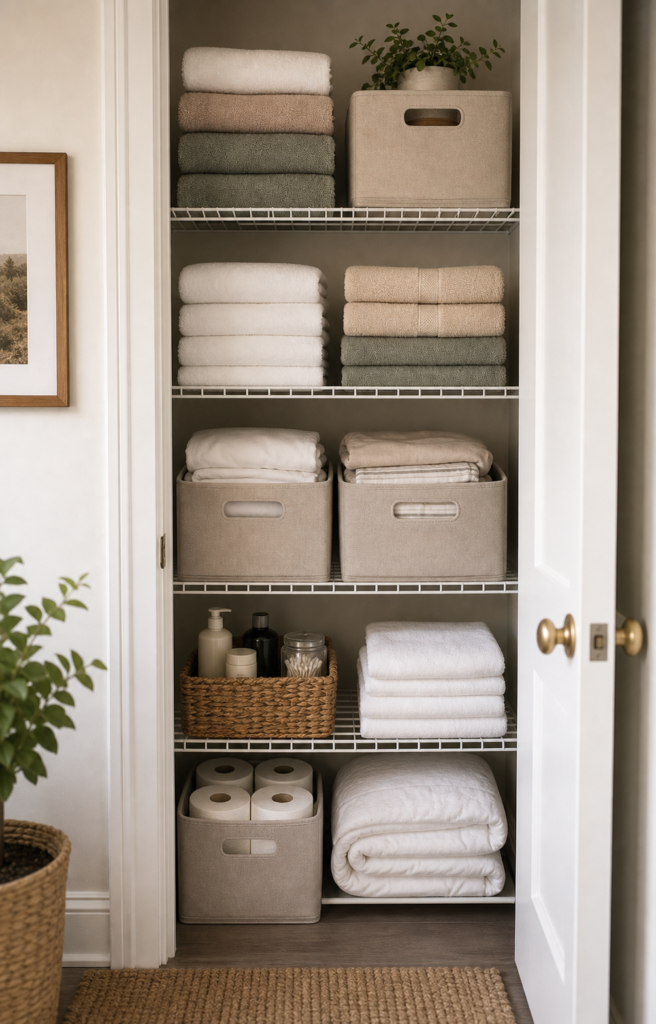 Small linen closet organization ideas with folded towels, sheet bins, toiletries, toilet paper, and clear shelf zones