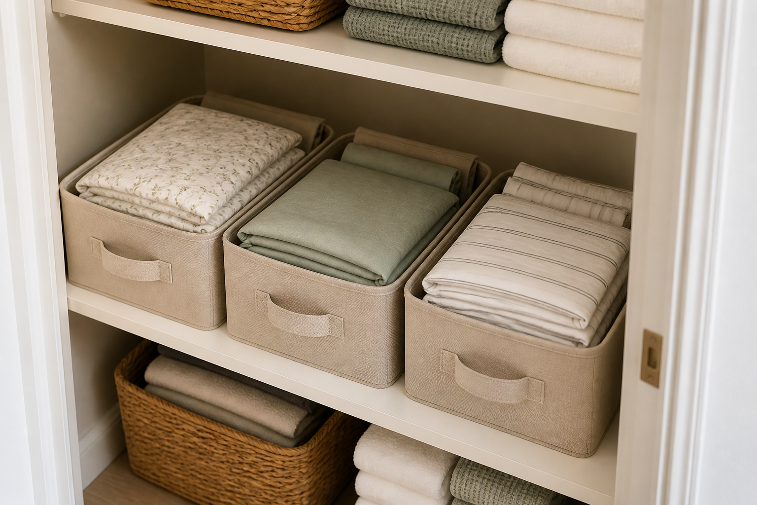 Small linen closet organization ideas using low fabric bins for folded sheet sets and pillowcases