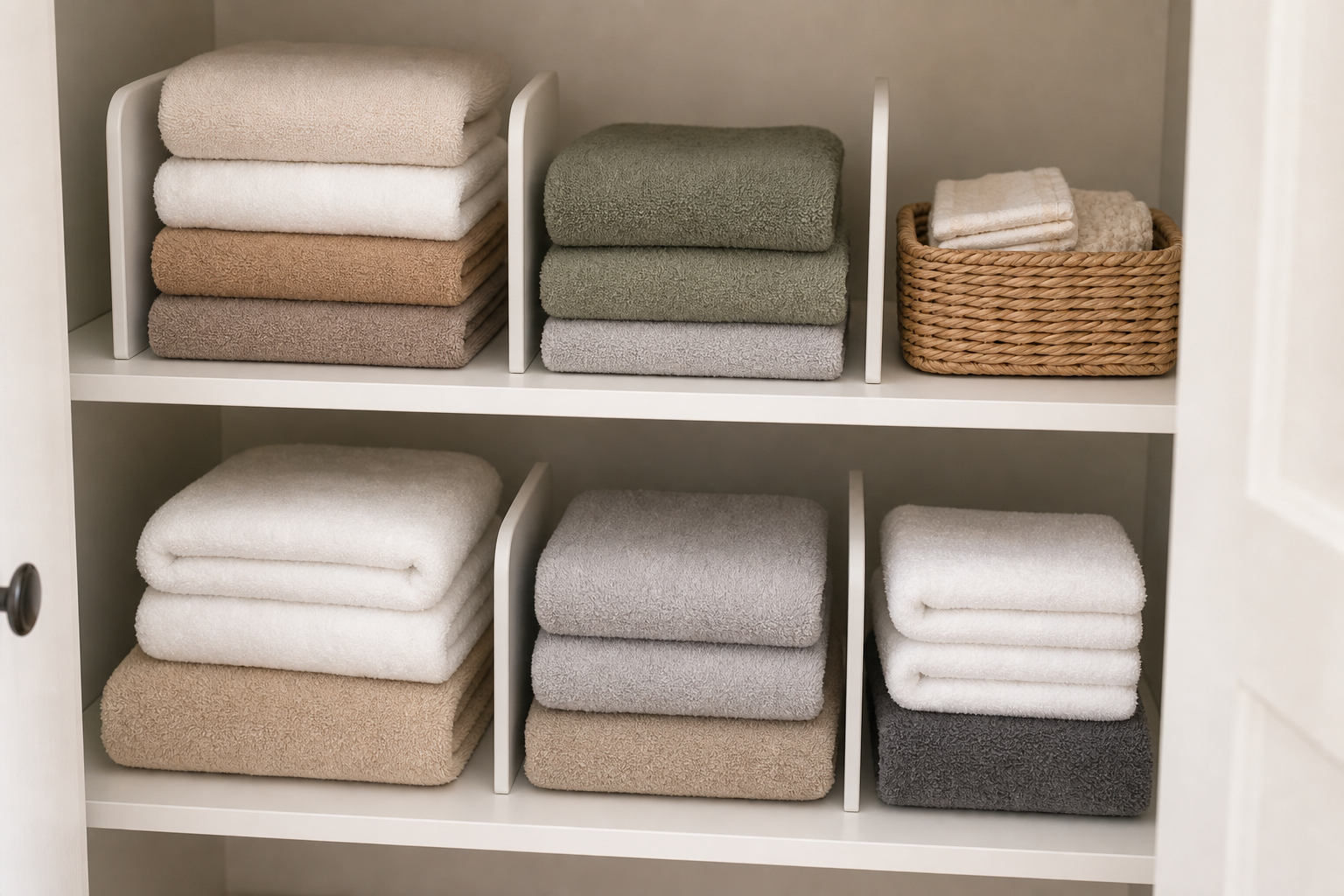 Small linen closet organization ideas with short towel stacks, shelf dividers, and a washcloth basket