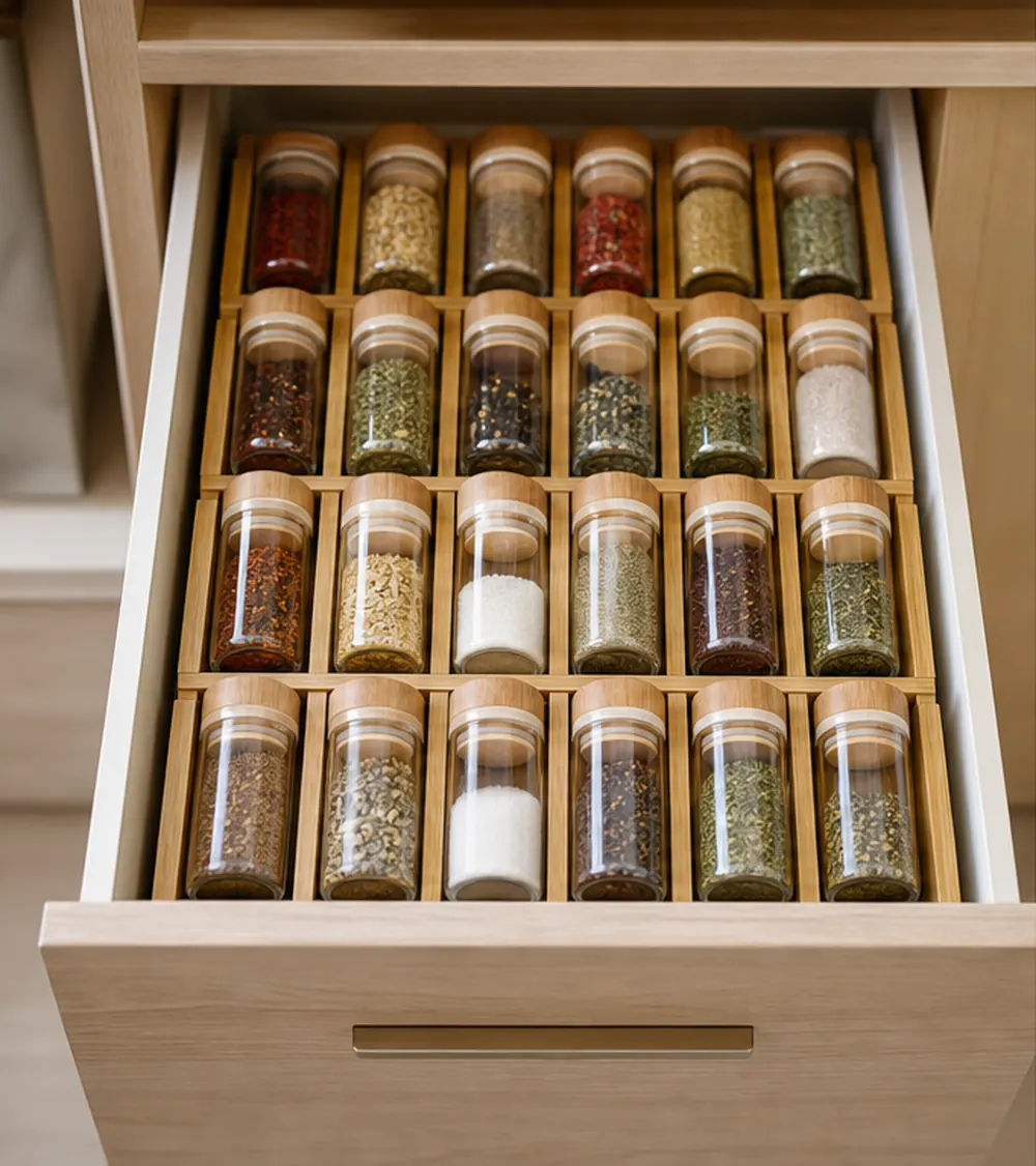 small rental kitchen drawer organization spice drawer insert