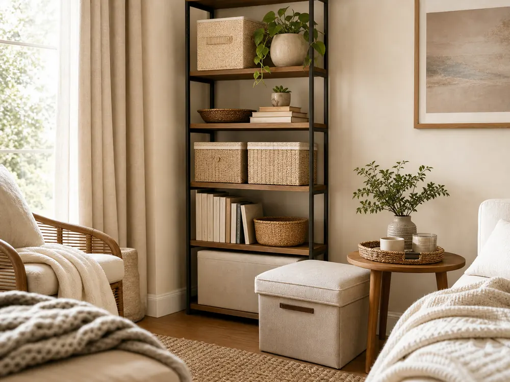 small room decor storage ideas corner bookcase ottoman