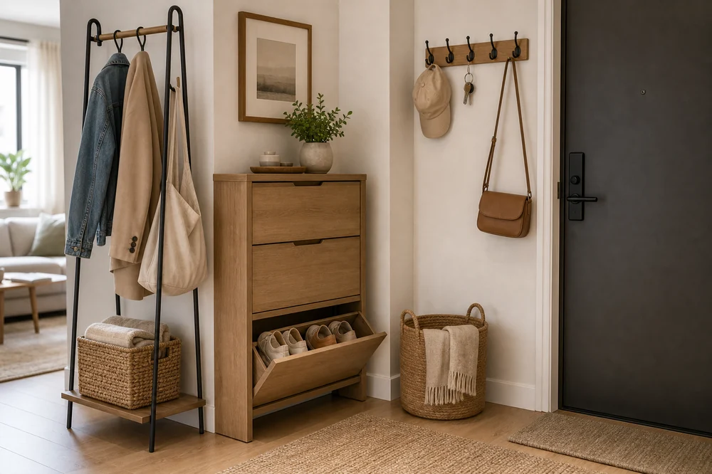 small space rental organization ideas no drill entry drop zone