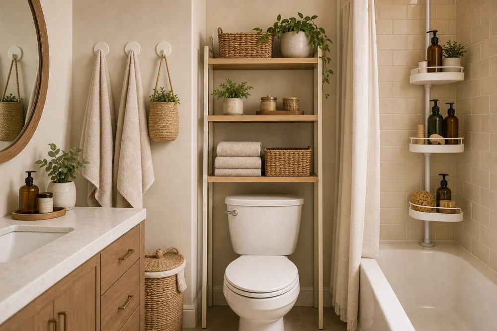 small space rental organization ideas renter bathroom freestanding shelf