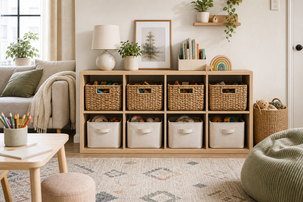 Toy storage ideas for small apartments with AI generated cube shelf and woven baskets
