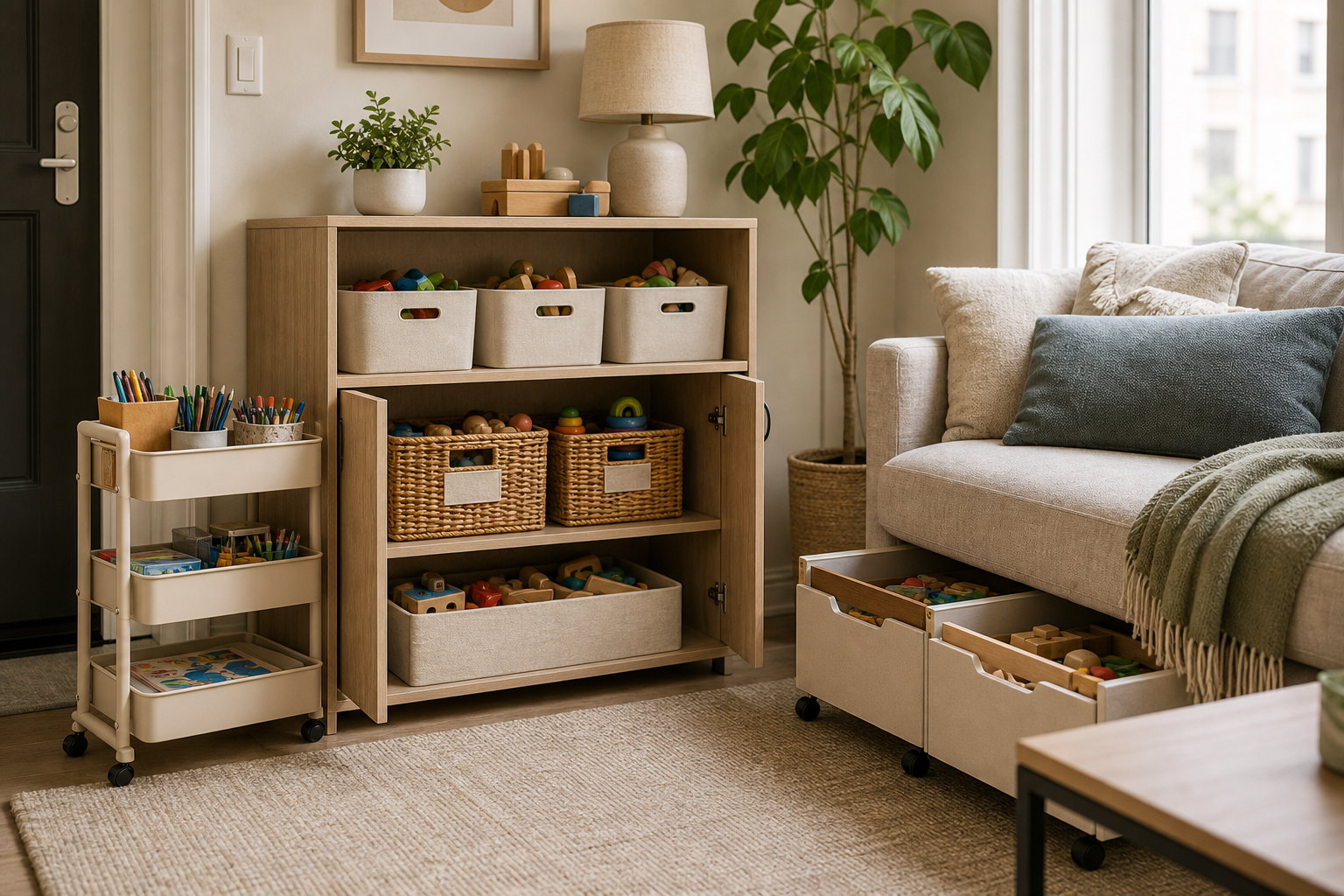 Toy storage ideas for small apartments with AI generated living room toy cabinet and rolling bins