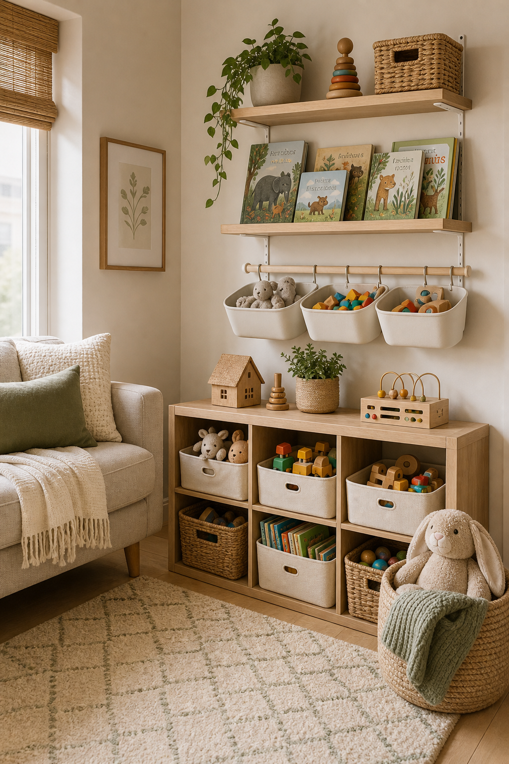 Toy storage ideas for small apartments with AI generated play corner and accessible storage bins
