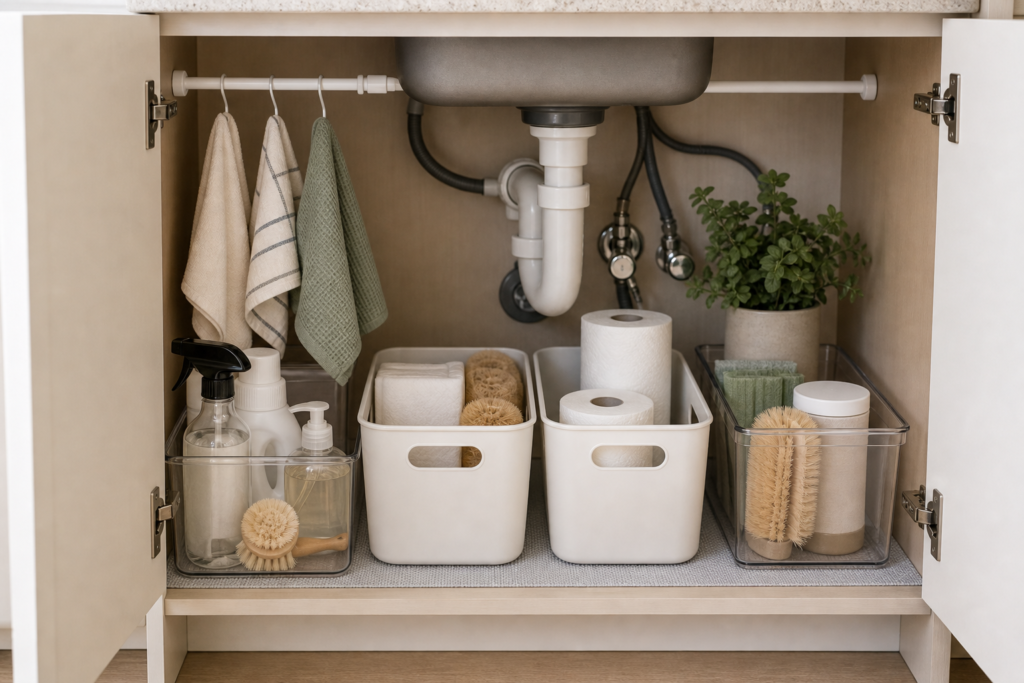 Under kitchen sink organization for renters with removable bins, a tension rod, cleaning caddy, leak mat, and clear plumbing access
