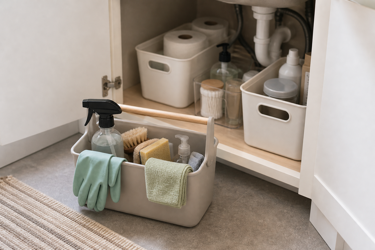 Under kitchen sink organization for renters using a portable cleaning caddy and removable cabinet bins