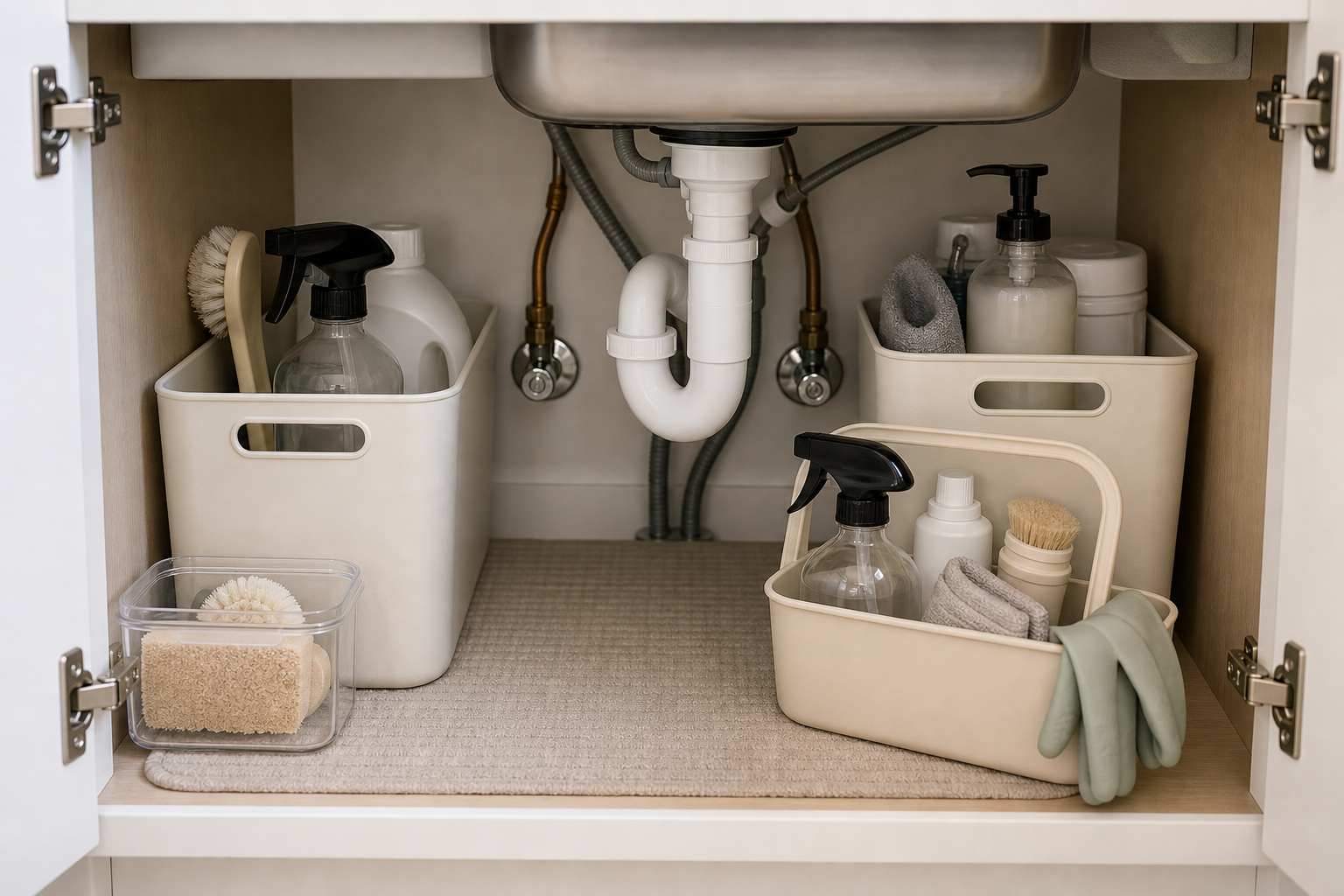 Under kitchen sink organization for renters with bins placed around visible pipes and shutoff valves