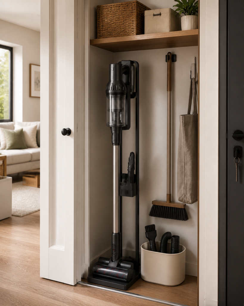 Vacuum storage ideas for small apartments with a freestanding stick vacuum stand in a compact closet