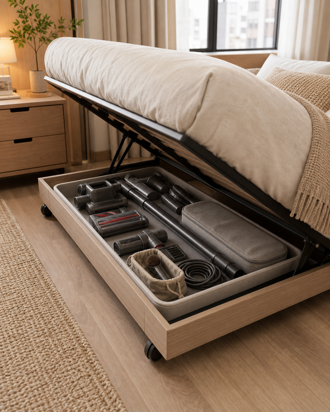 Vacuum storage ideas for small apartments using an under bed rolling tray for attachments