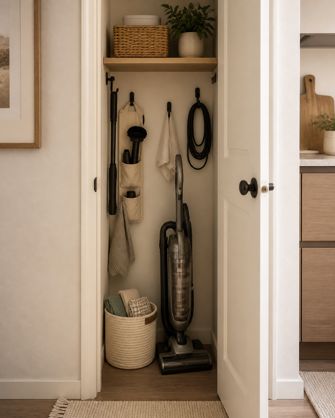 Vacuum storage ideas for small apartments in a narrow utility corner behind a door