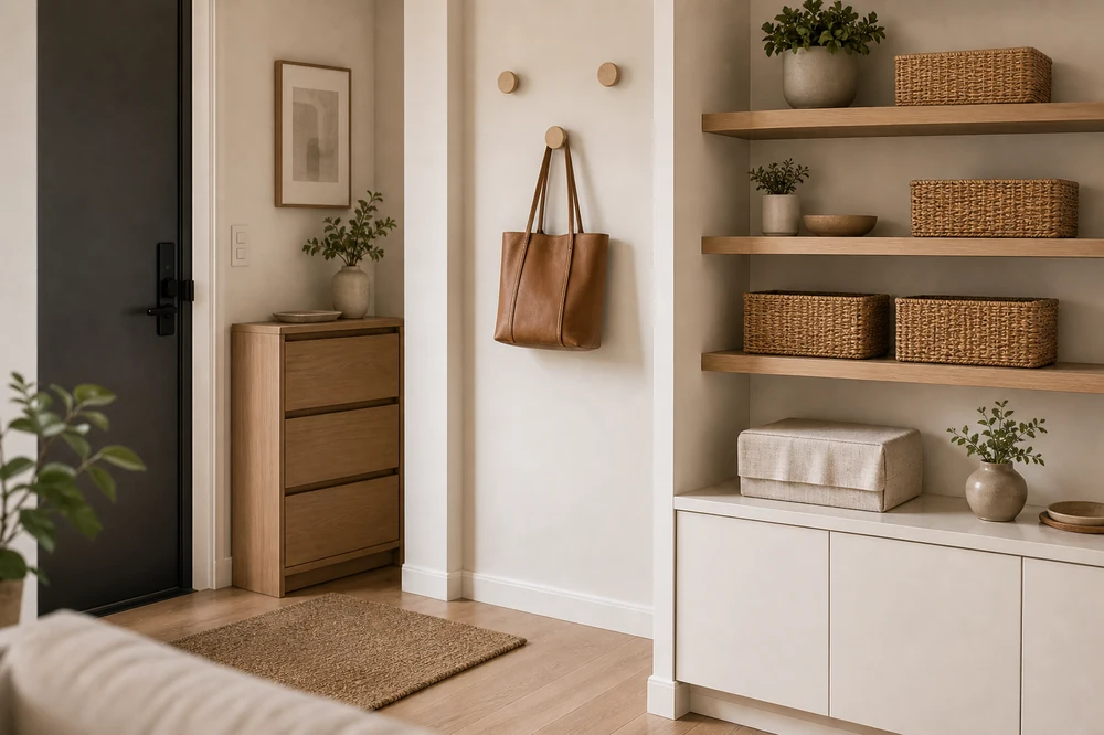 visual clutter in small apartments calm entry shelf system