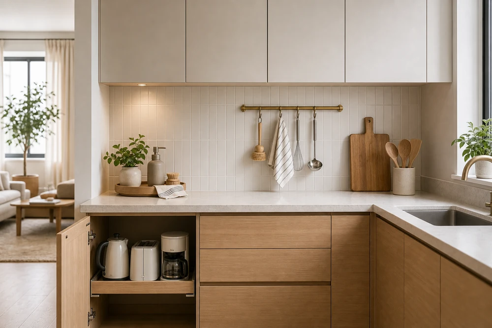 visual clutter in small apartments quiet kitchen counter zones