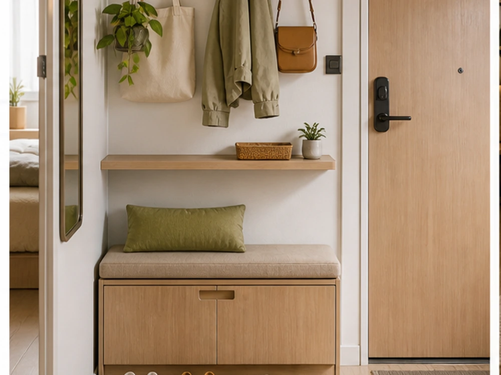 micro apartment storage ideas entry bench shoe tray