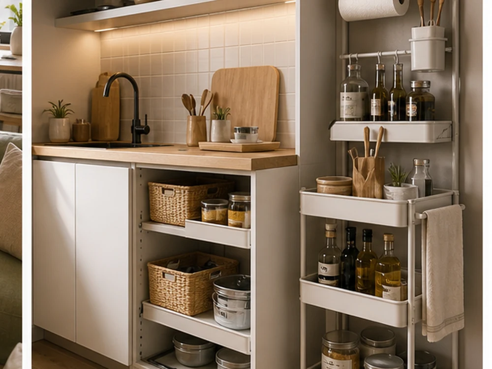 micro apartment storage ideas kitchenette cart risers