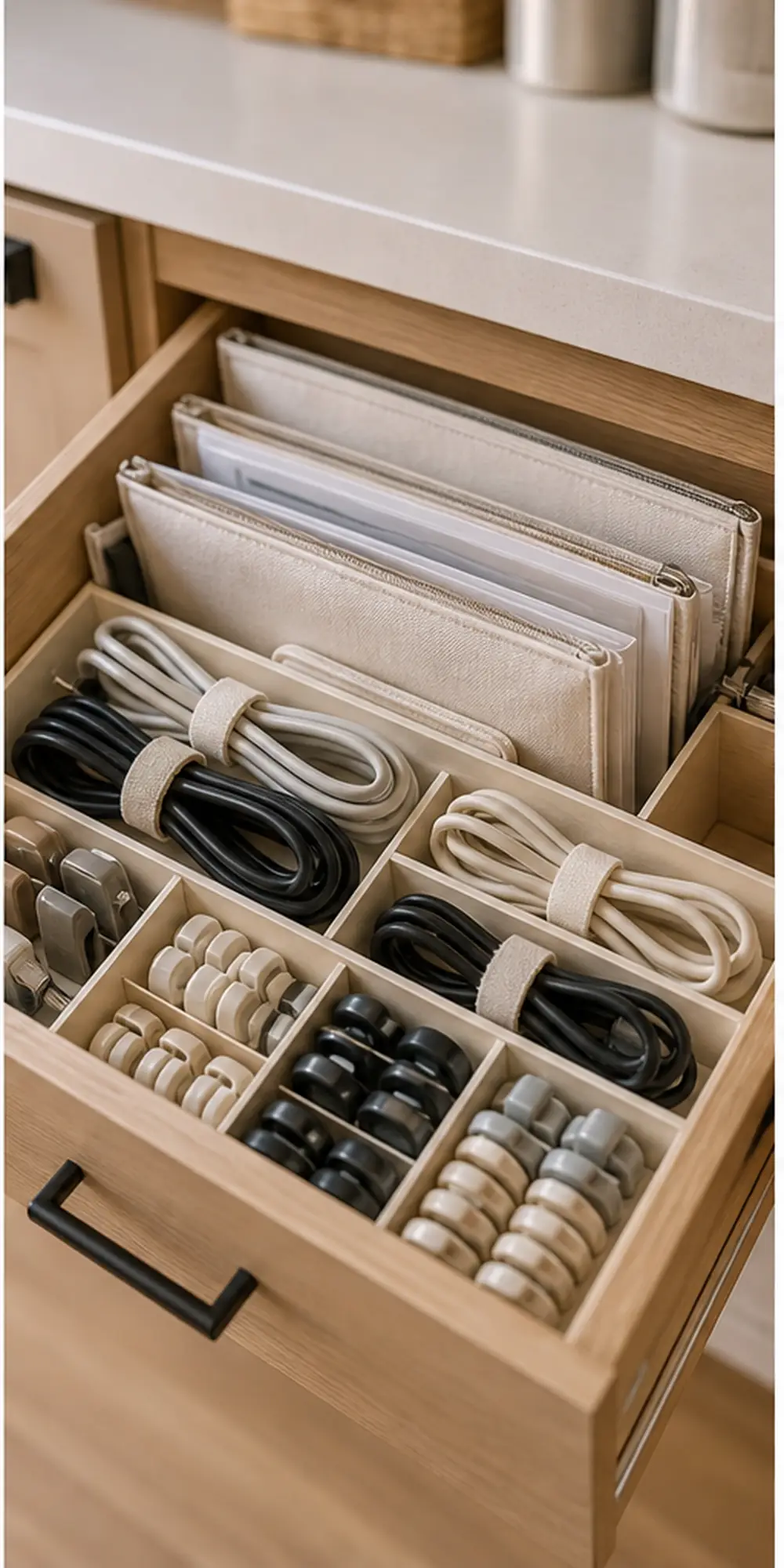small apartment appliance cord organization cord clip drawer kit