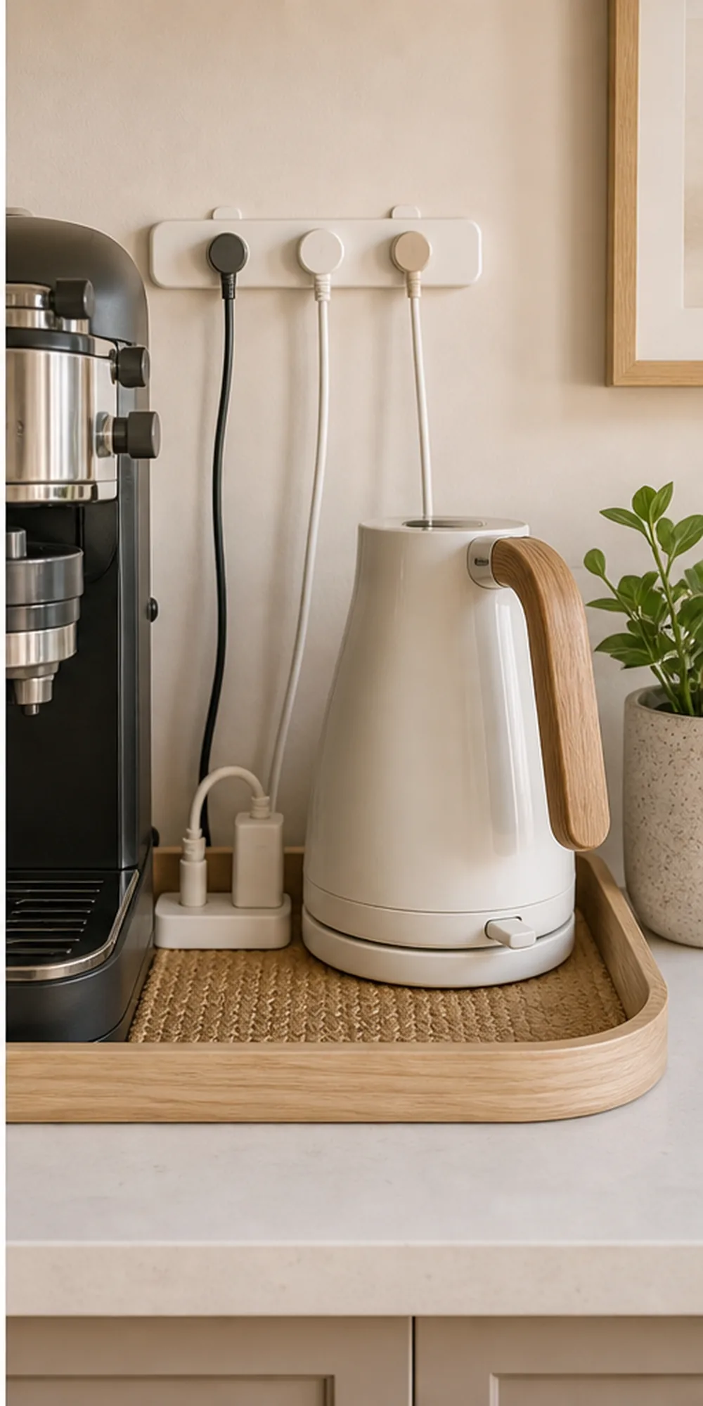 small apartment appliance cord organization countertop hidden cord zone
