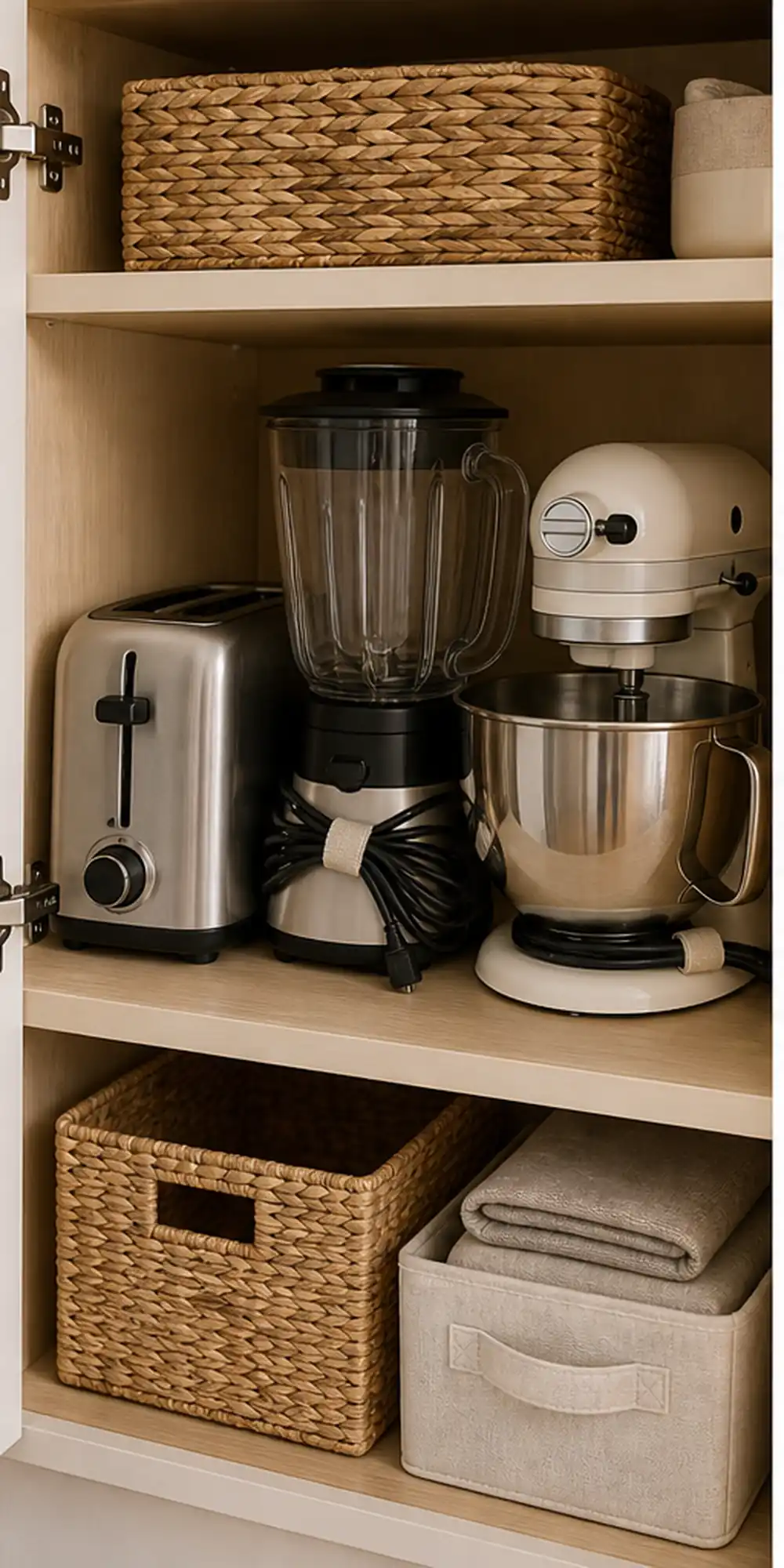 small apartment appliance cord organization wrapped small appliance cords