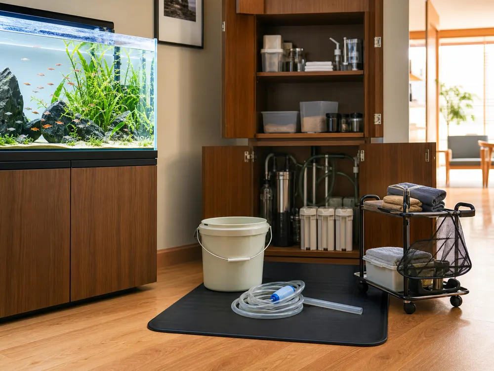 small apartment aquarium supplies storage ideas showing aquarium maintenance setup
