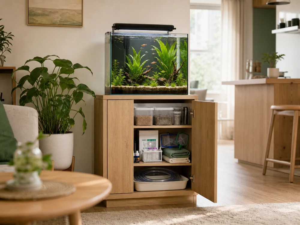 small apartment aquarium supplies storage ideas showing aquarium supply cabinet