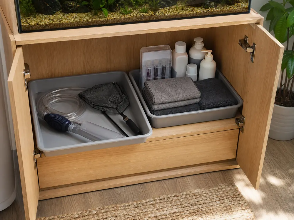 small apartment aquarium supplies storage ideas showing wet dry aquarium trays