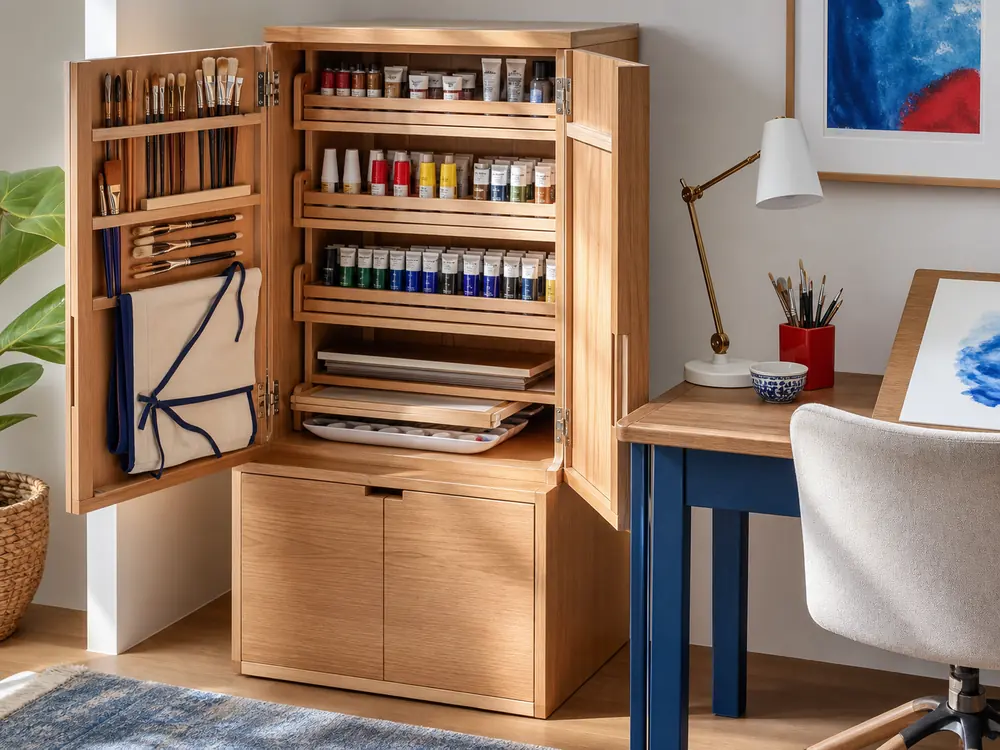 small apartment art paint supplies storage ideas showing art paint cabinet